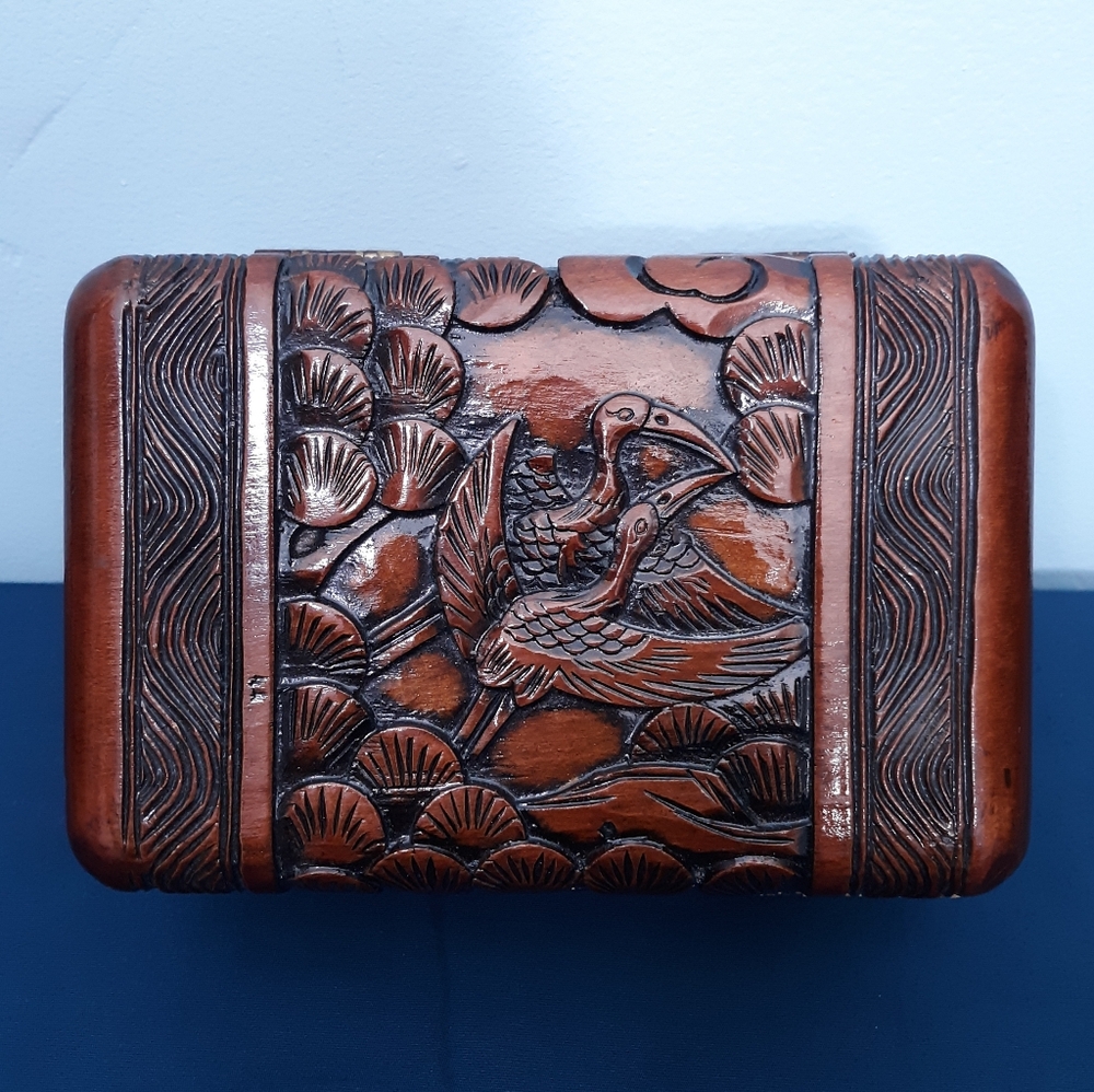 Antique Carved Camphor Wood Chinese Wooden Treasure Jewelry Trinket Box Birds